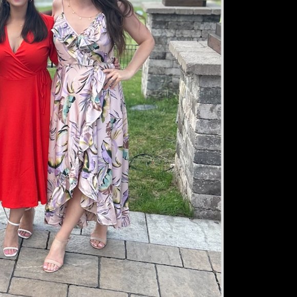 Blush Pink Sleeveless Floral Wrap Ruffle High Low Dress - Picture 2 of 5